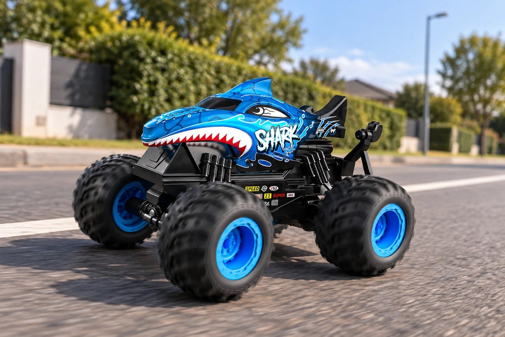 Monster truck télécommandé Shark 1/20 bleu à carrosserie requin, de trois quarts avant sur une route goudronnée