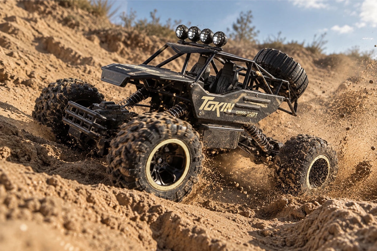 Buggy télécommandé Outrider 4×4 1/12 noir et or en accélération dans une dune de sable