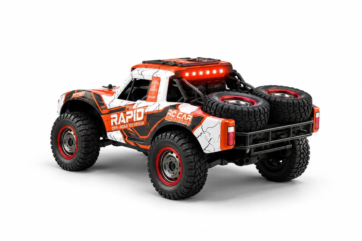 Trophy truck télécommandé Rapid de trois quarts arrière, suspensions et amortisseurs visibles