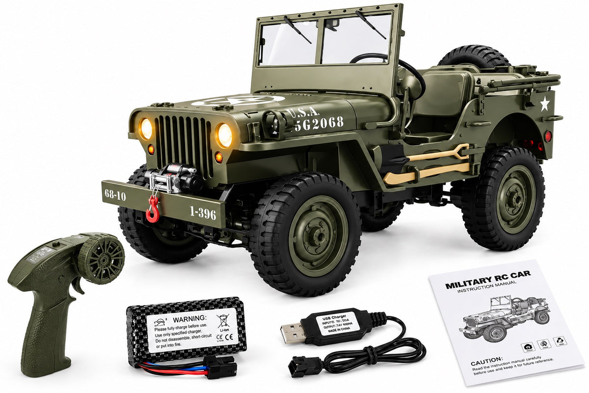 Contenu de la boîte de la version sans bâche : la voiture, la radiocommande, la batterie, le câble USB et la notice