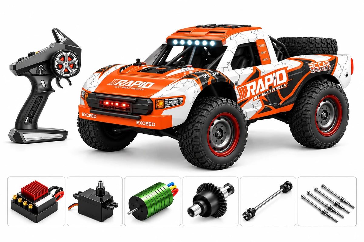 Trophy truck télécommandé Rapid 4×4 1/16 en orange à moteur brushless, avec sa radiocommande et les pièces détachées fournies
