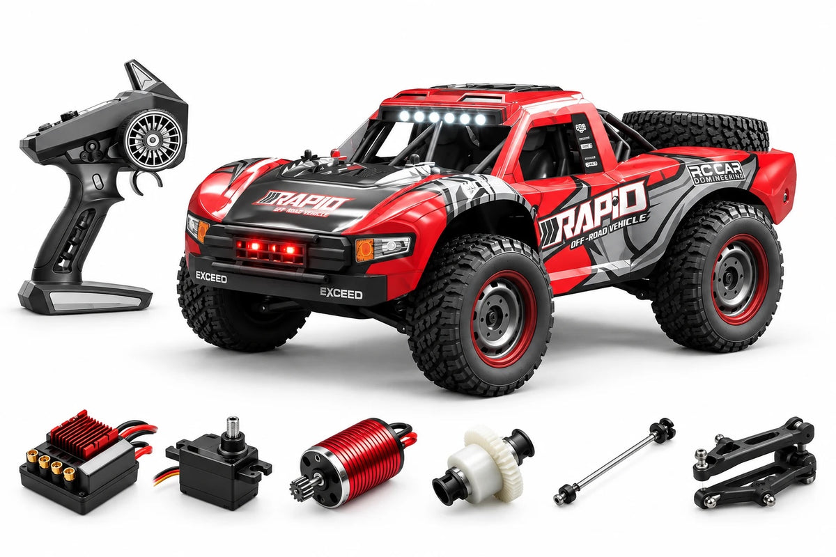 Trophy truck télécommandé Rapid 4×4 1/16 en rouge à moteur à charbons, avec sa radiocommande et les pièces détachées fournies