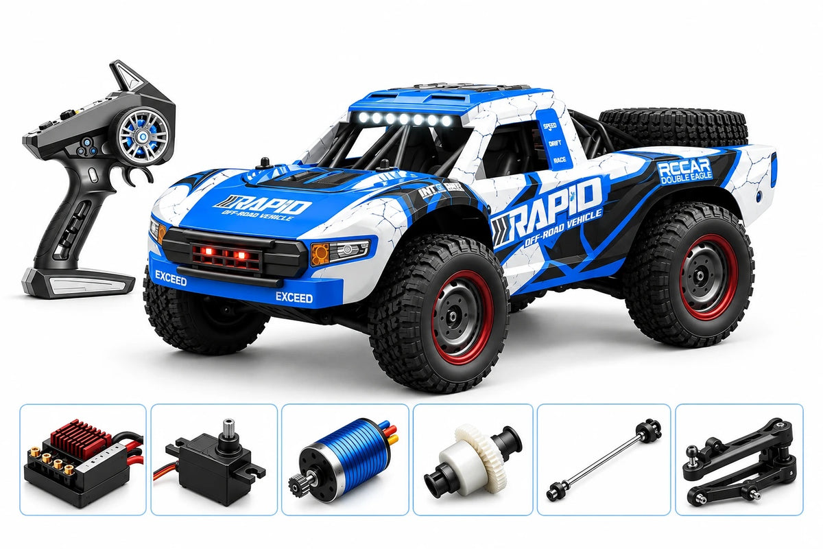 Trophy truck télécommandé Rapid 4×4 1/16 en bleu à moteur à charbons, avec sa radiocommande et les pièces détachées fournies