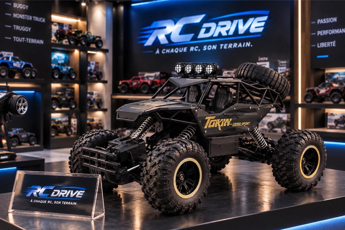 Buggy télécommandé Outrider 4×4 1/12 exposé sur un présentoir dans le showroom RC Drive
