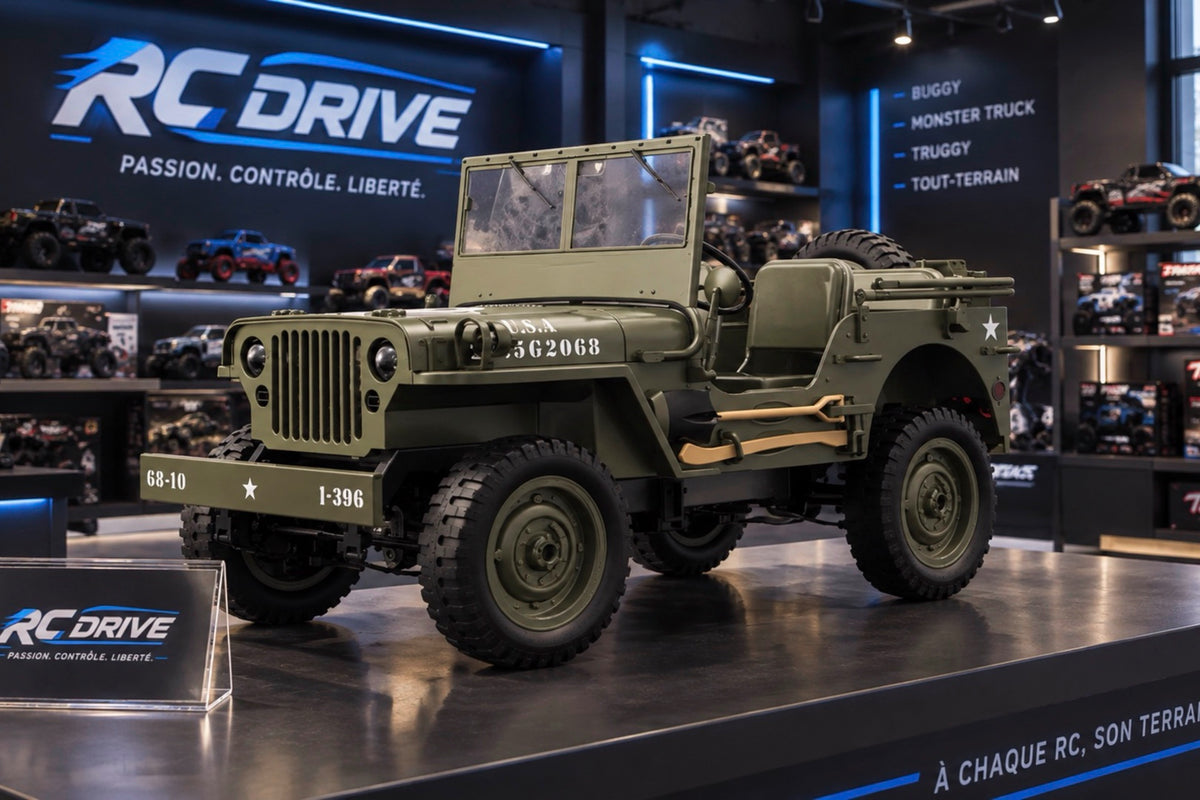 Le crawler télécommandé Trooper 4×4 1/10 exposé sur un présentoir dans le showroom RC Drive