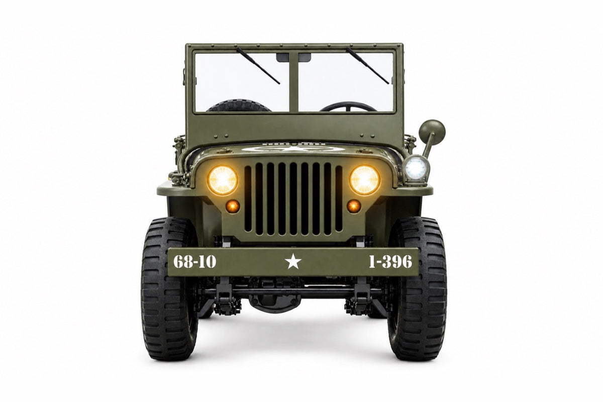 Crawler télécommandé Trooper 4×4 1/10 vu de face sur fond blanc, phares et clignotants allumés