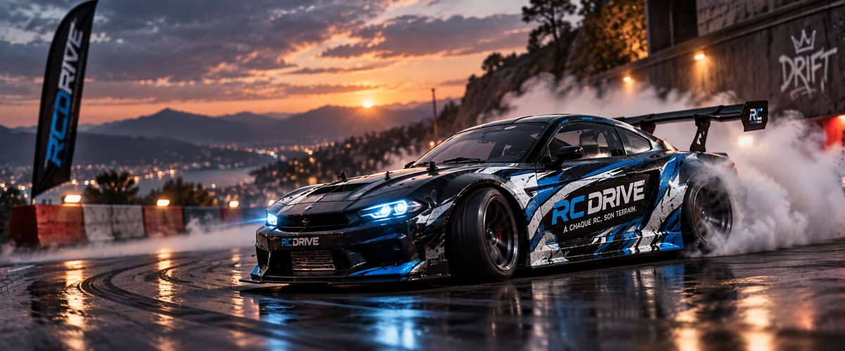 Voiture de drift RC Drive en glisse au coucher du soleil