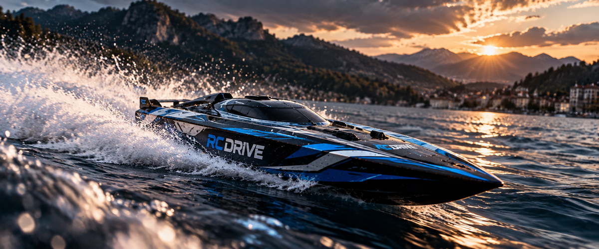 Bateau radiocommandé RC Drive sur un lac au coucher du soleil