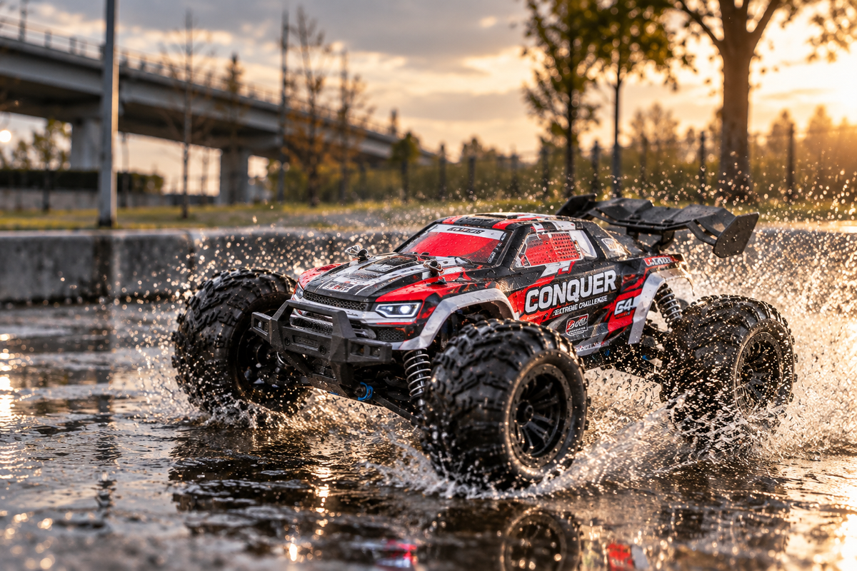 Conquer 4×4 1/16 rouge traversant une flaque, projections d’eau à contre-jour