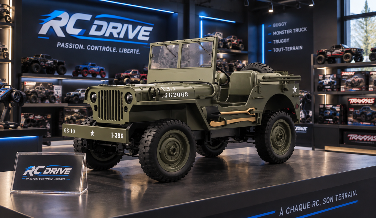 Crawler télécommandé Trooper 4×4 1/10 vert exposé, phares allumés