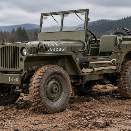 Crawler télécommandé Trooper 4×4 1/10 dans la boue, pare-brise relevé, devant une forêt de montagne