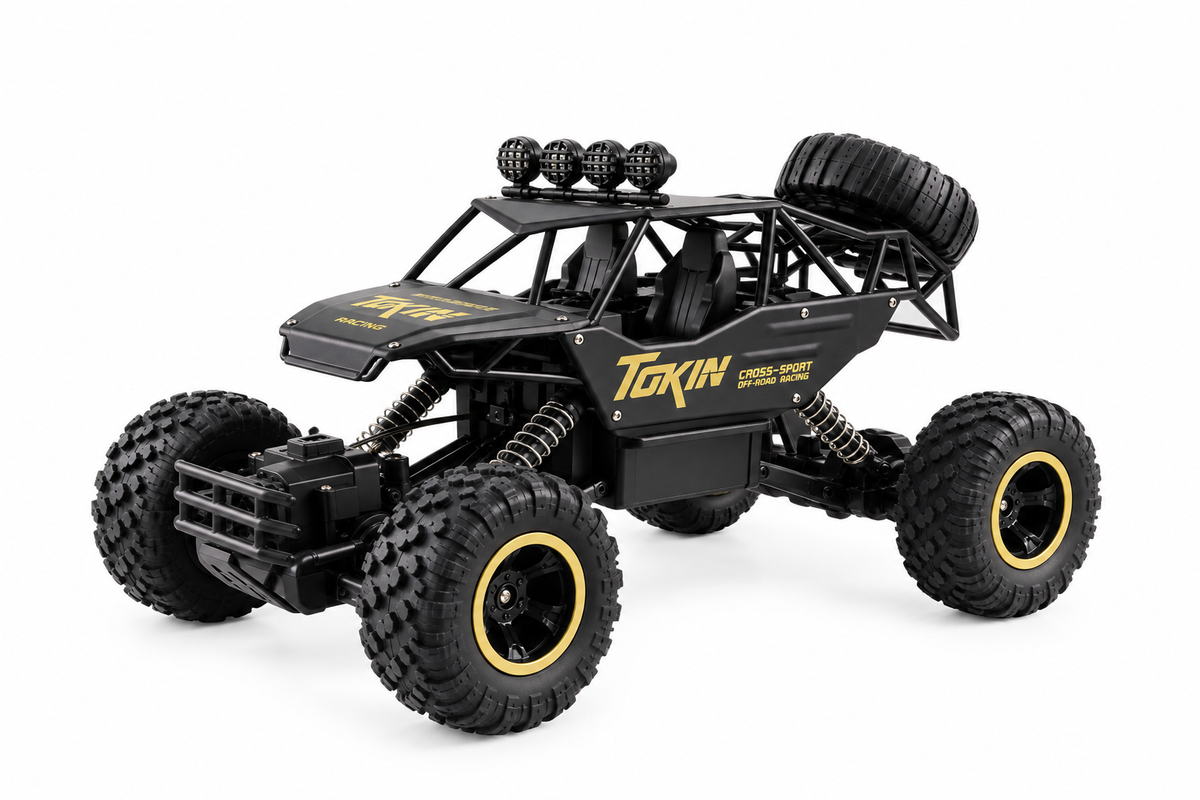 Buggy télécommandé Outrider 4×4 1/12 de trois quarts arrière sur fond blanc, roue de secours visible
