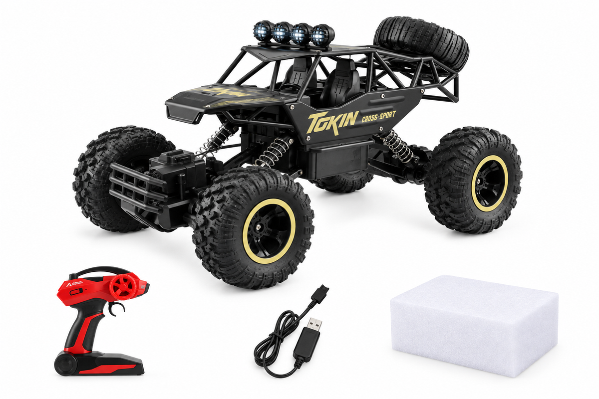 Contenu de la boîte du buggy Outrider 4×4 1/12 : la voiture, la radiocommande et le câble de recharge USB
