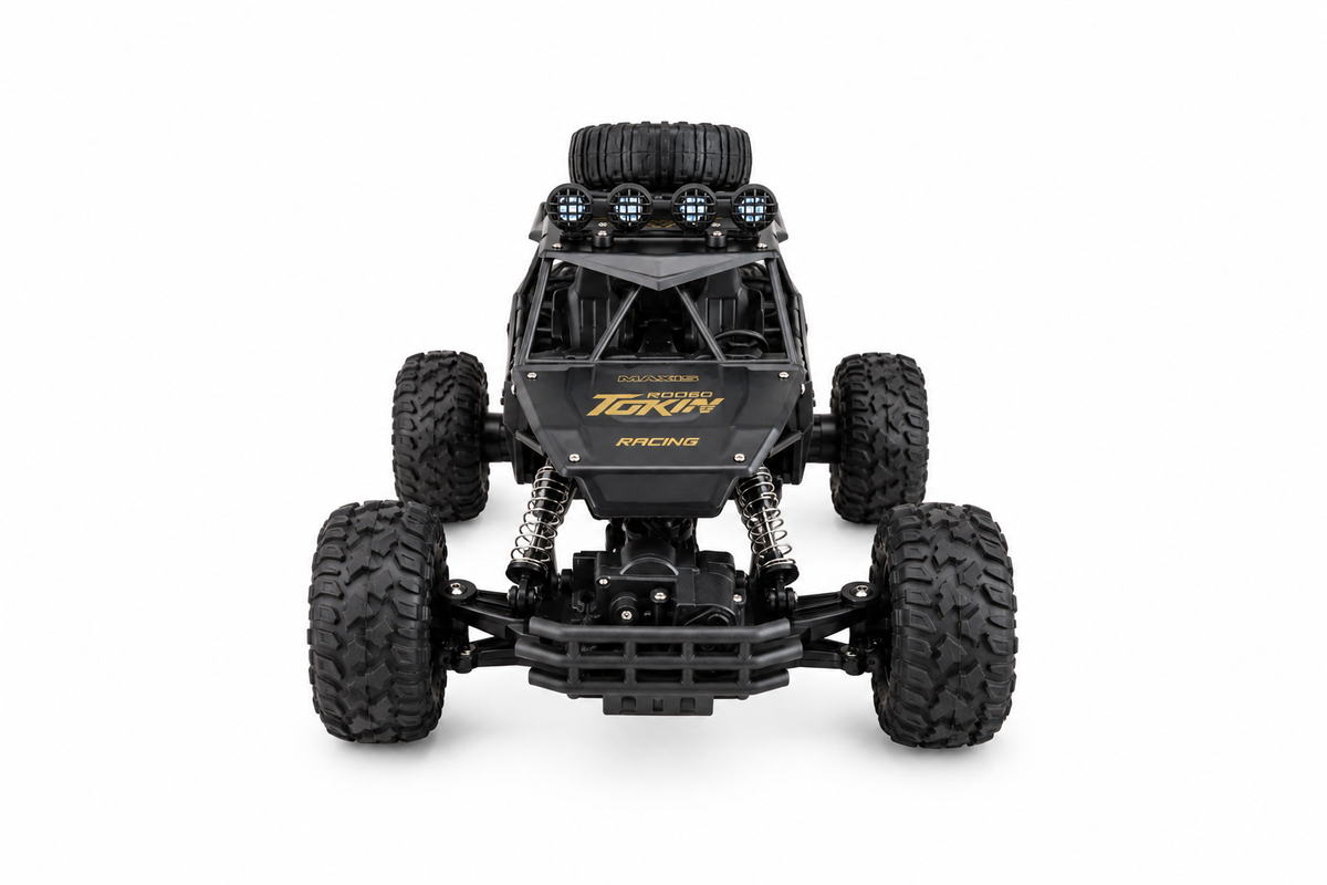Buggy télécommandé Outrider 4×4 1/12 vu de face sur fond blanc, rampe de quatre phares à LED allumée