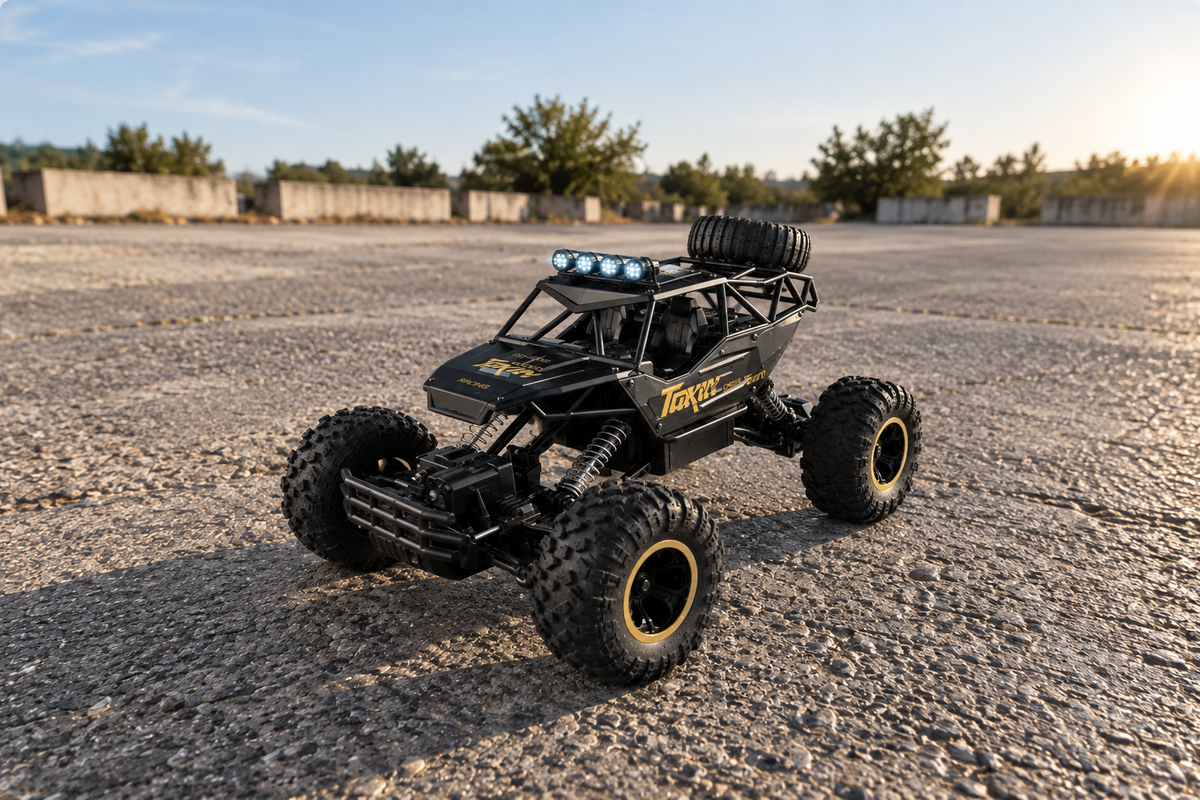 Buggy télécommandé Outrider 4×4 1/12 sur une aire de gravier au soleil couchant, rampe de phares allumée