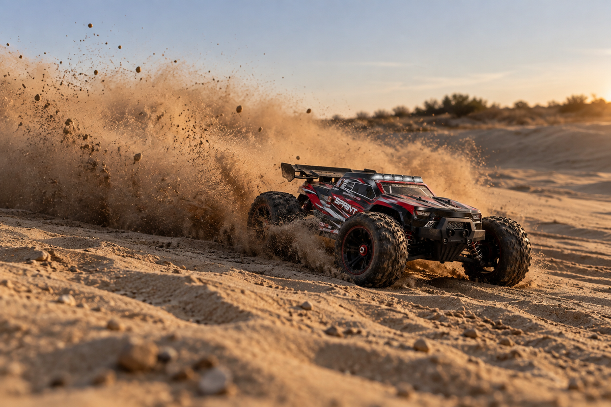 Sprint rouge dans le sable, gros panache soulevé derrière la voiture