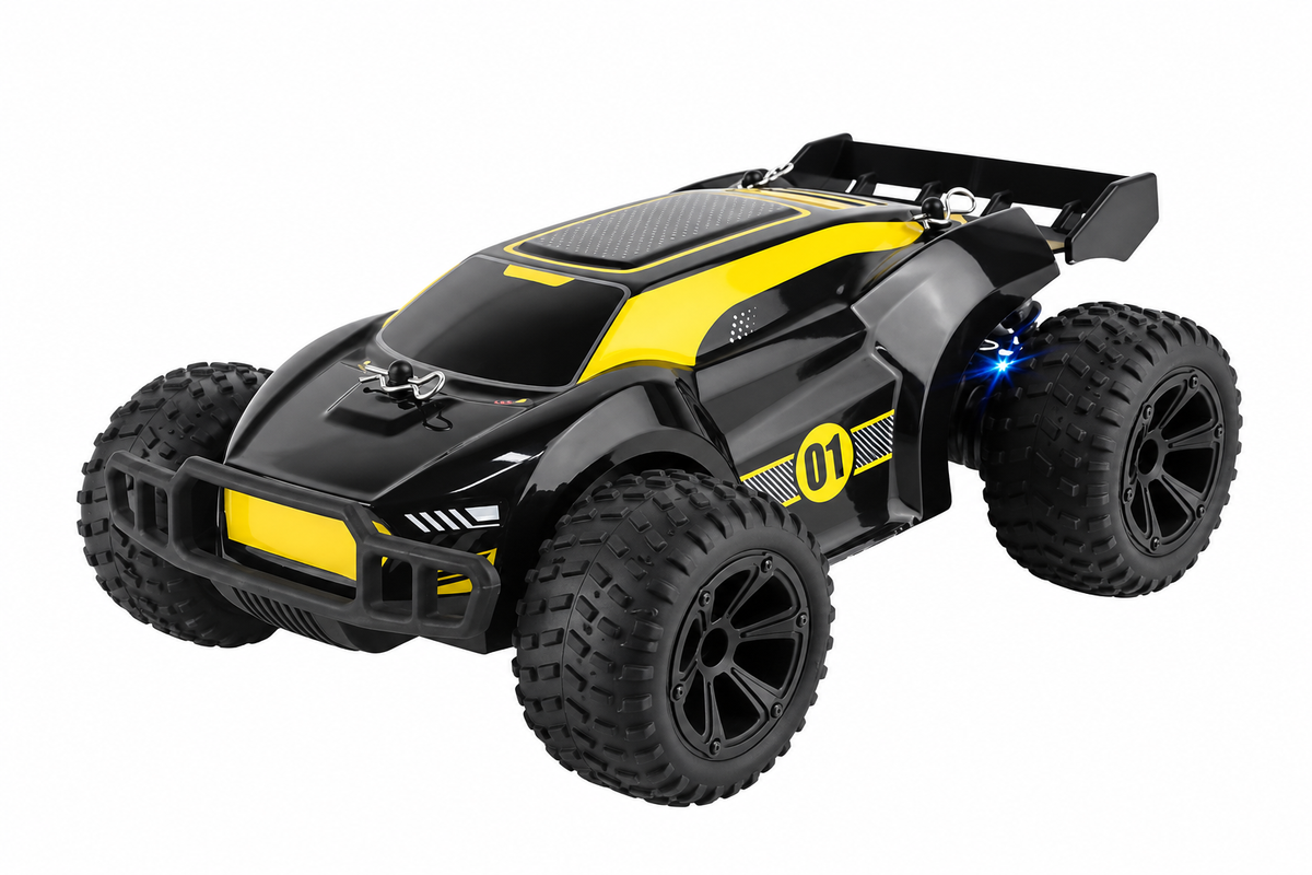 Truggy télécommandé Hornet 1/18 vu de trois quarts arrière, éclairage à LED allumé