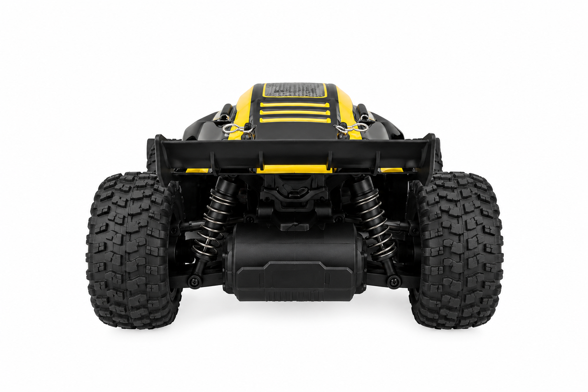 Arrière du truggy télécommandé Hornet 1/18, amortisseurs et batterie visibles sous la carrosserie