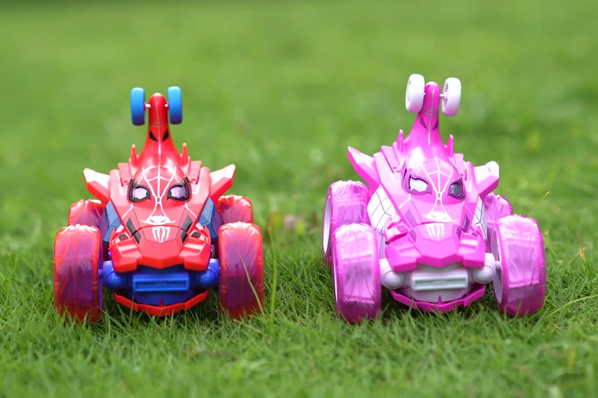 L'Arachno araignée rouge et bleue et l'Arachno araignée rose et violette côte à côte dans l'herbe