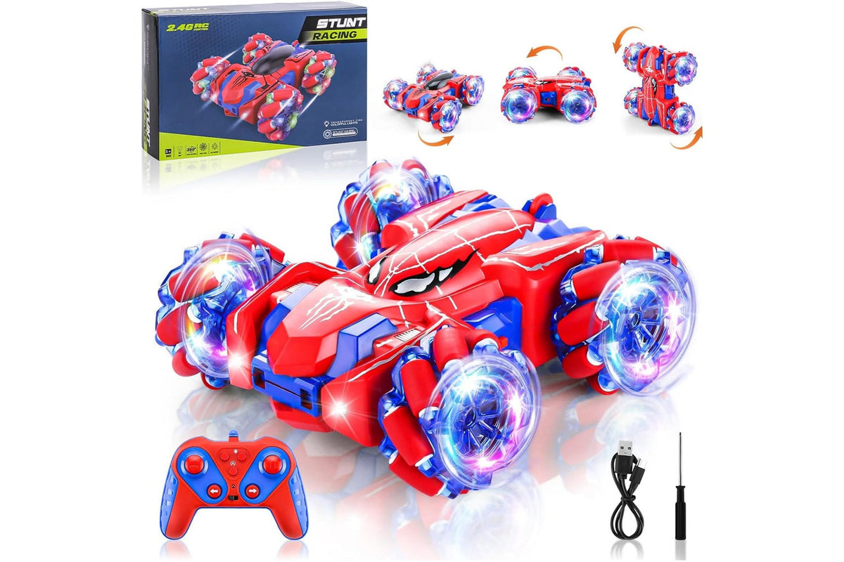 Contenu de la boîte de l'Arachno double face : la voiture, sa manette, le câble de recharge et un tournevis