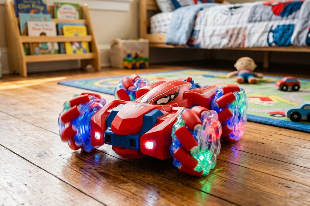 Voiture télécommandée cascadeuse Arachno double face rouge sur le parquet d'une chambre d'enfant