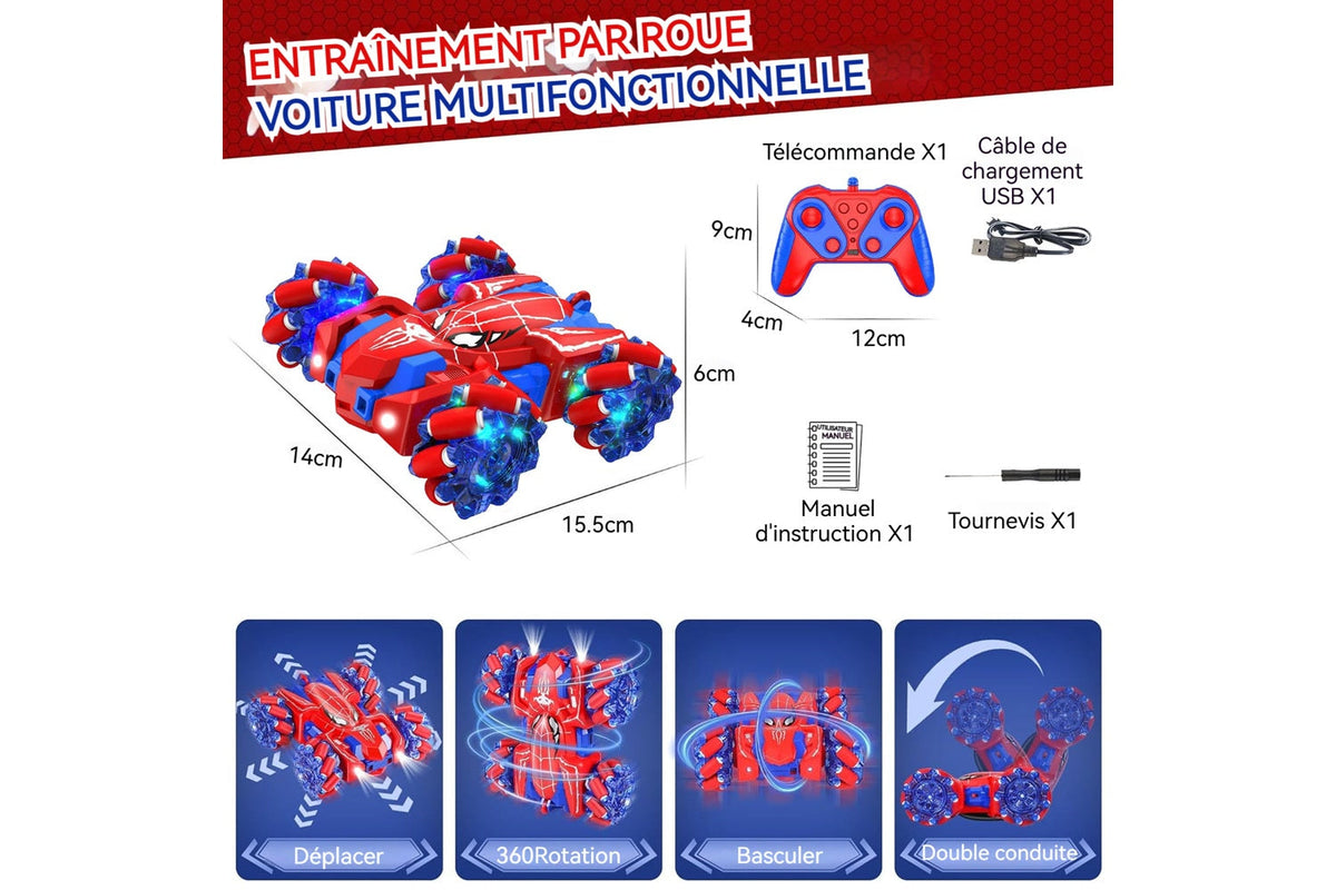 Dimensions de l'Arachno double face : voiture de 15,5 × 14 × 6 cm, manette de 12 × 9 × 4 cm, câble de recharge, notice et tournevis
