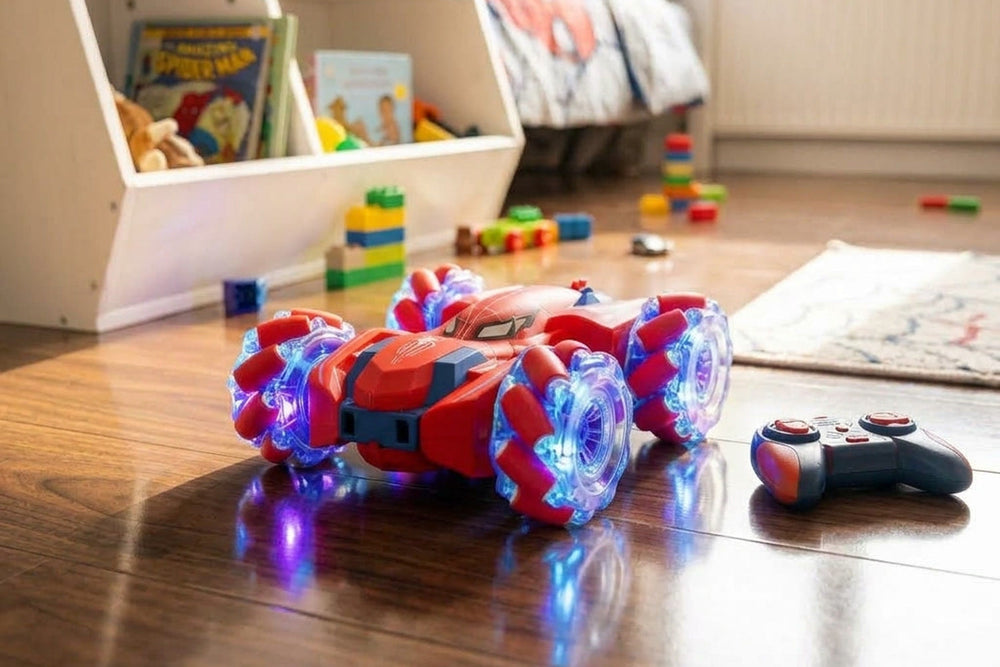 Voiture télécommandée cascadeuse Arachno double face rouge et sa manette, sur le parquet d'une chambre d'enfant