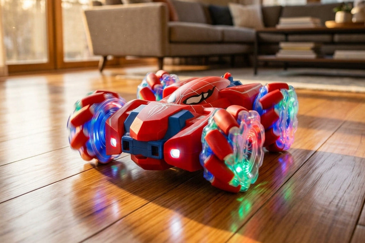 Voiture télécommandée cascadeuse Arachno double face rouge sur un parquet, roues à LED allumées