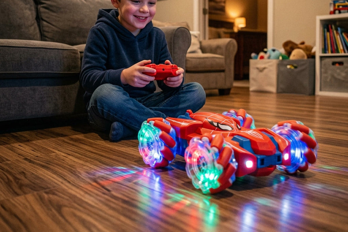 Un garçon pilote la voiture télécommandée cascadeuse Arachno double face, roues à LED allumées, dans un salon