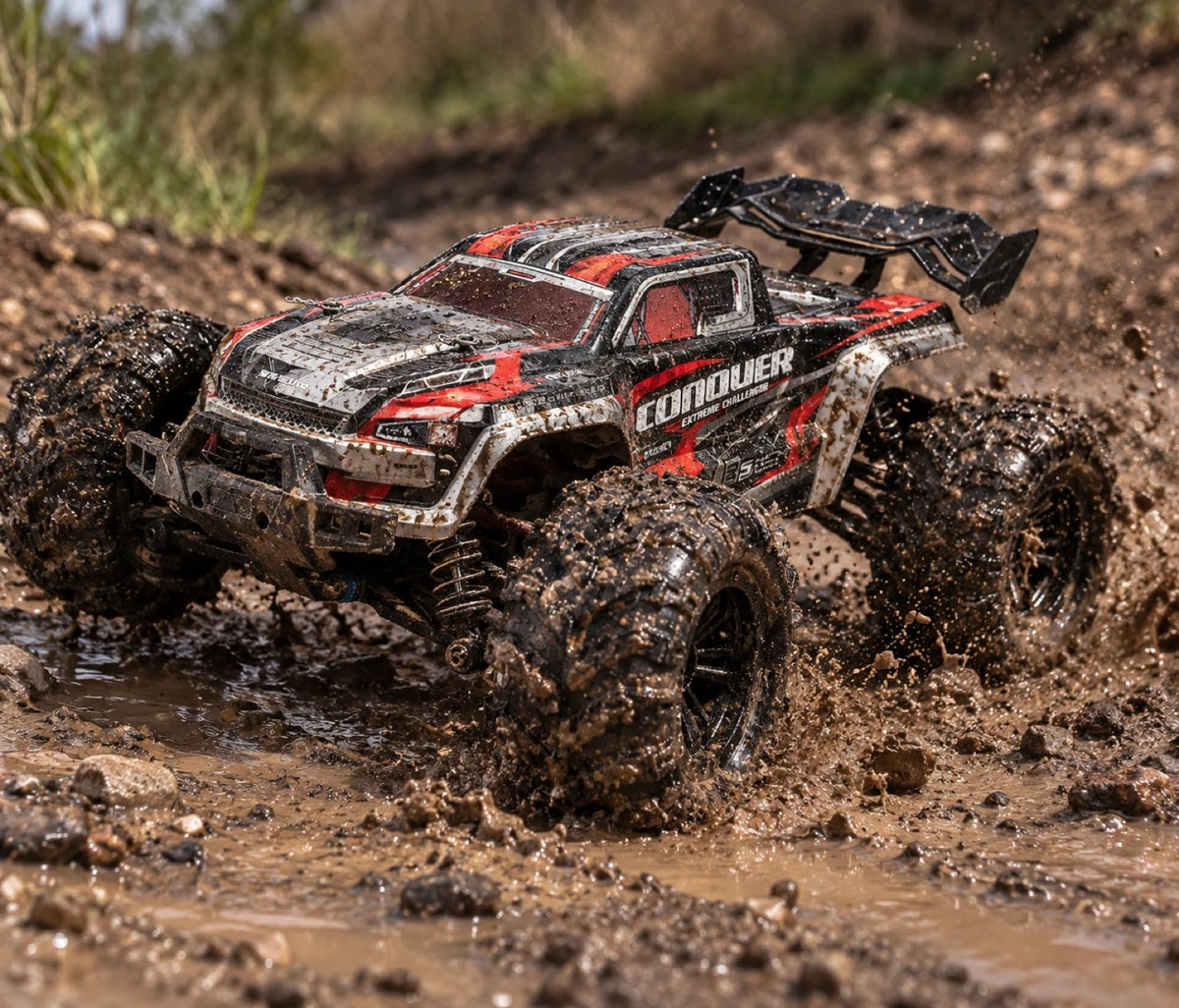 Conquer 4×4 1/16 rouge traversant une flaque de boue, projections d’eau