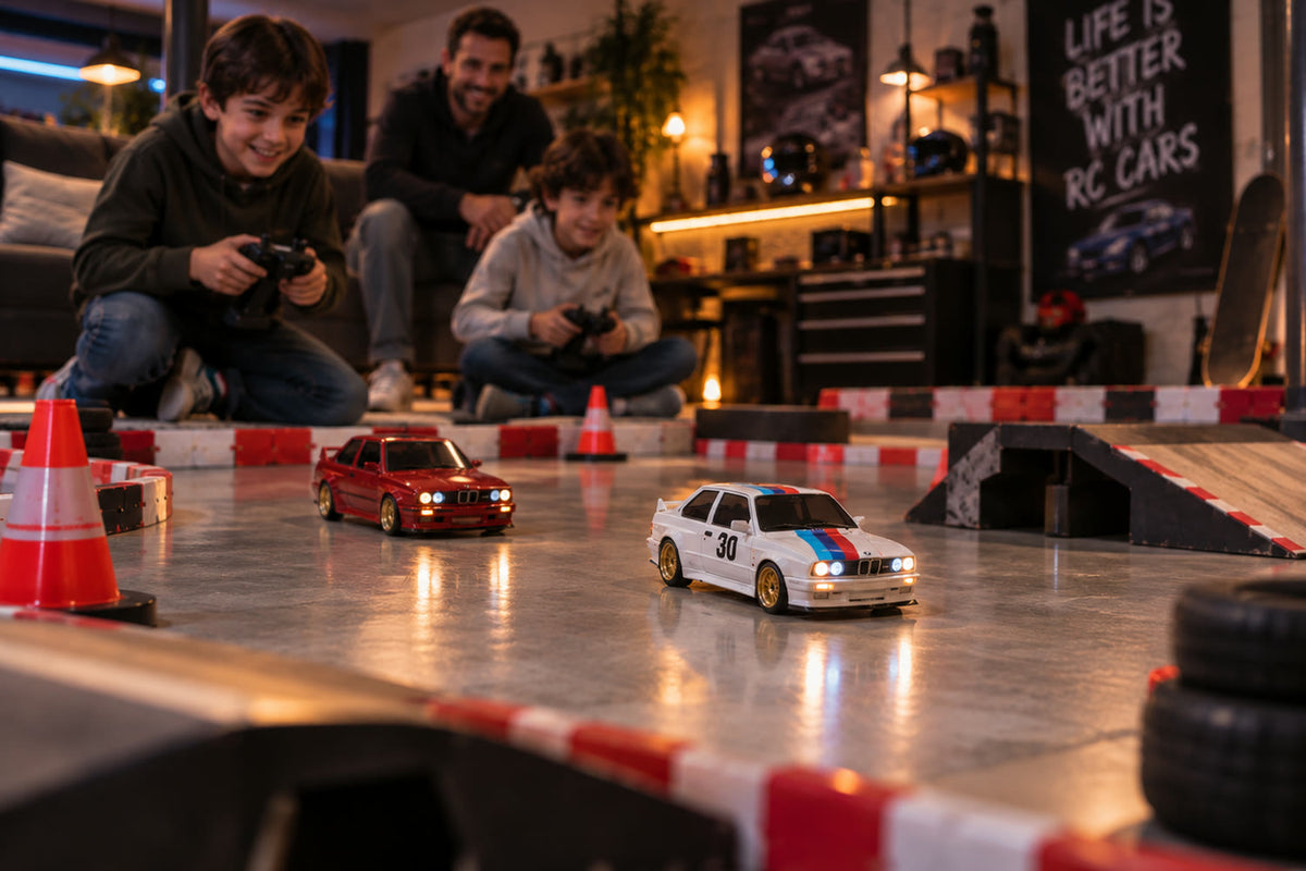 Deux Drift Origin pilotées en intérieur, sur une piste montée au sol