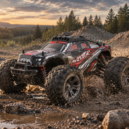 Monster truck télécommandé Torrent dans la boue, au soleil couchant