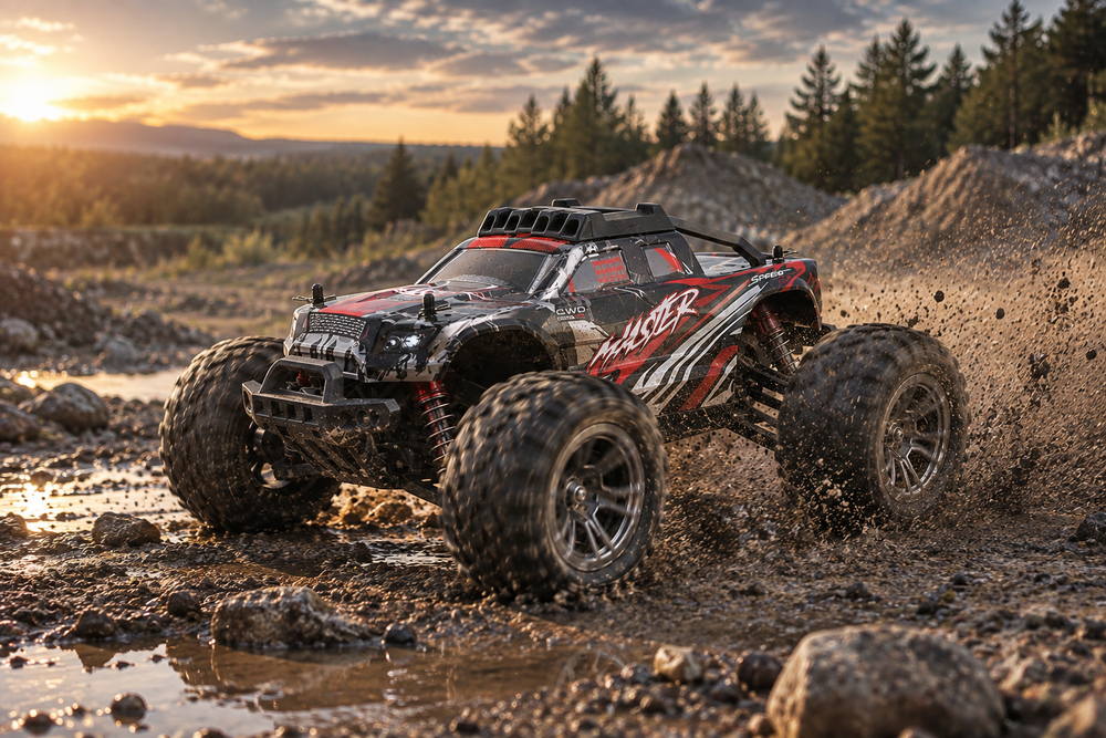 Monster truck télécommandé Torrent dans la boue, au soleil couchant