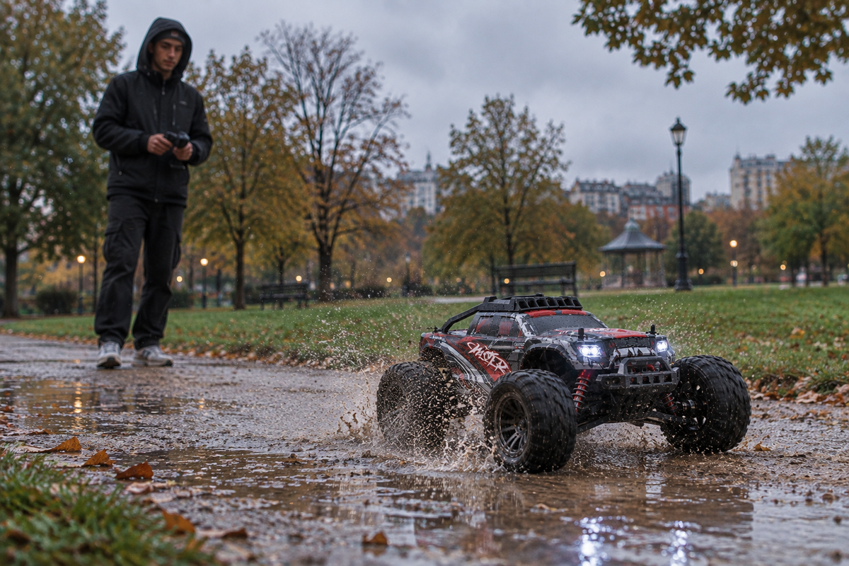 Torrent dans une flaque d'un parc sous la pluie, son pilote en retrait