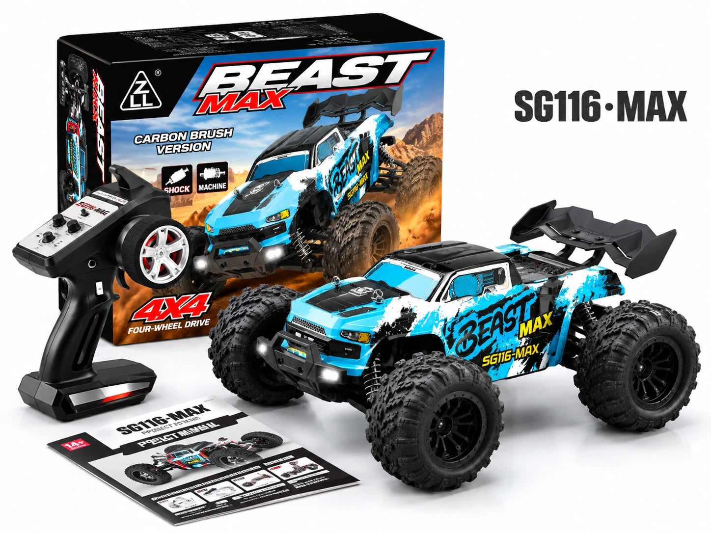 Boîte, voiture, radiocommande et manuel de la version SG116-MAX, carrosserie bleue